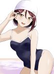  1girl barkhorn0331 blue_swimsuit breasts competition_school_swimsuit cowboy_shot hair_ornament hairclip highres long_hair looking_at_viewer love_live! love_live!_sunshine!! medium_breasts open_mouth red_hair sakurauchi_riko school_swimsuit simple_background sitting solo swim_cap swimsuit teeth upper_teeth white_background yellow_eyes yokozuwari 