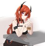  1girl absurdres arknights armband bangs bare_shoulders black_dress breasts cleavage commentary cup dress drinking_glass hair_between_eyes hands_up highres holding holding_cup horns large_breasts long_hair looking_at_viewer purple_eyes red_hair sarea_(sarea2020) solo surtr_(arknights) very_long_hair white_background 