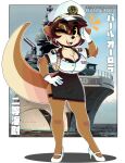  2022 absurd_res anthro breasts brown_body brown_fur brown_hair chest_tuft clothing ear_piercing elbow_tuft english_text eyebrows eyelashes female fur gesture gloves hair hand_on_hip handwear hat headgear headwear hi_res high_heels japanese_text looking_at_viewer lutrine mammal mustelid one_eye_closed open_mouth open_smile pearl_aurora piercing salute short_hair smile solo text tuft wink wireless_shiba 