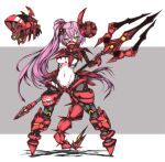  1girl armor artery_gear artery_gear:_fusion breasts clothing_cutout crotch_plate green_eyes grey_background groin hair_ornament hair_ribbon holding holding_trident holding_weapon kuro_(kuroi-nanika) long_hair mask mecha_musume mechanical_legs mechanical_tail medium_breasts mouth_mask navel pink_hair polearm ribbon shadow shinonome_(artery_gear) side_ponytail simple_background solo standing stomach stomach_cutout tail trident underboob underboob_cutout v-shaped_eyebrows very_long_hair weapon 