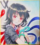  1girl asymmetrical_wings black_hair blue_wings bow colored_pencil_(medium) dated dress houjuu_nue kageharu light_smile marker_(medium) red_eyes red_wings shikishi short_sleeves signature snake solo touhou traditional_media wings 