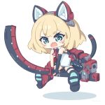  1girl animal_ears armpit_crease artery_gear artery_gear:_fusion asymmetrical_gloves black_gloves blonde_hair blue_eyes blush boots cat_ears cat_tail chibi eyeshadow fang gloves holding holding_weapon jumping katie_(artery_gear) makeup mecha_musume mechanical_ears mechanical_tail necktie open_mouth paw_print pelvic_curtain pleated_skirt red_necktie rigging shadow short_hair simple_background skin_fang skirt slashing solo tail thick_eyebrows thigh_strap thighs umihio uneven_gloves v-shaped_eyebrows weapon white_background yellow_eyeshadow 