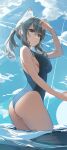  1girl absurdres animal_ear_fluff animal_ears arched_back arm_up ass bare_arms bare_shoulders black_swimsuit blue_archive blue_eyes breasts dasha expressionless extra_ears grey_hair halo highres long_hair looking_at_viewer medium_breasts one-piece_swimsuit parted_lips ponytail shading_eyes shiroko_(blue_archive) shiroko_(swimsuit)_(blue_archive) sidelocks solo standing swimsuit wading water 