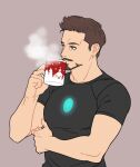  1boy animification arc_reactor black_shirt brown_eyes brown_hair collarbone cup drinking facial_hair grey_background hand_up holding holding_cup iron_man_(series) looking_to_the_side male_focus marvel marvel_cinematic_universe muscular muscular_male shirt short_hair short_sleeves simple_background solo standing star_(symbol) star_print steam t-shirt tony_stark yukko93 