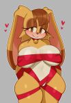 &lt;3 absurd_res anthro bell big_breasts blush breast_squish breasts collar female fiinel hi_res lagomorph leporid looking_at_viewer mammal pussy_peek rabbit ribbons sega solo sonic_the_hedgehog_(series) squish thigh_squish vanilla_the_rabbit wrapped wrappings