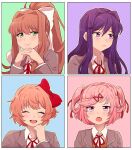  4girls :d ^_^ averting_eyes blue_background blush border bow brown_hair brown_vest chiimako closed_eyes closed_mouth collared_shirt commentary_request diagonal_stripes doki_doki_literature_club dress_shirt eyelashes fang green_background green_eyes grey_jacket hair_between_eyes hair_bow hair_intakes hair_ornament hair_ribbon hairclip hand_up hands_up high_ponytail interlocked_fingers jacket lapels long_hair long_sleeves looking_at_viewer monika_(doki_doki_literature_club) multiple_girls natsuki_(doki_doki_literature_club) neck_ribbon open_mouth own_hands_together pink_background pink_eyes pink_hair ponytail purple_background purple_eyes purple_hair raised_eyebrows red_bow red_ribbon ribbon sayori_(doki_doki_literature_club) school_uniform shirt short_hair sidelocks sideways_glance simple_background smile striped striped_background sweater_vest swept_bangs teeth two_side_up upper_body upper_teeth_only v-shaped_eyebrows vest white_border white_bow white_shirt wing_collar x_hair_ornament yuri_(doki_doki_literature_club) 
