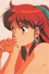  1990s_(style) 1girl anice_farm bare_shoulders chouon_senshi_borgman close-up earrings expressionless interlocked_fingers jewelry long_hair non-web_source official_art own_hands_together pink_background portrait red_eyes red_hair retro_artstyle scan simple_background solo 