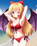  1girl ;) arms_behind_head bat_wings beach bikini blonde_hair bow breasts cleavage commentary_request cowboy_shot elly_(touhou) hair_bow highres large_breasts long_hair looking_at_viewer navel one_eye_closed outdoors red_bikini red_bow red_eyes ruu_(tksymkw) smile solo star_(symbol) star_tattoo swimsuit tattoo touhou touhou_(pc-98) wings 