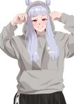  1girl absurdres animal_ears arms_up black_shorts blush commentary_request cowboy_shot ears_through_hood gold_ship_(umamusume) grey_hair grey_hoodie grin highres hood hoodie horse_ears horse_girl kumabachi315 long_hair long_sleeves looking_at_viewer purple_eyes shorts simple_background smile solo umamusume white_background 
