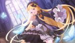  1girl :d abigail_williams_(fate) blonde_hair bloomers bow dutch_angle fate/grand_order fate_(series) flan_(f_l_an) hair_bow hat highres hugging_doll hugging_object indoors multiple_hair_bows orange_bow purple_eyes sleeves_past_fingers sleeves_past_wrists smile solo stuffed_animal stuffed_toy teddy_bear white_bloomers window 