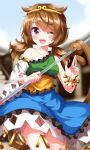  1girl ;d blurry blurry_background blush brown_hair collarbone commentary_request detached_sleeves dress highres low_twintails monkey_girl monkey_tail multicolored_clothes multicolored_dress one_eye_closed red_eyes ruu_(tksymkw) single_detached_sleeve smile solo son_biten tail touhou twintails 
