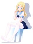  1girl absurdres bashen_chenyue between_legs blonde_hair blue_eyes blue_sailor_collar blue_skirt breasts closed_mouth drop_shadow full_body hand_between_legs hand_up hayasaka_ai highres kaguya-sama_wa_kokurasetai_~tensai-tachi_no_renai_zunousen~ long_hair looking_at_viewer medium_breasts no_shoes pantyhose parted_bangs pleated_skirt sailor_collar school_uniform serafuku shirt short_sleeves simple_background sitting skirt smile soles solo very_long_hair white_background white_pantyhose white_shirt 