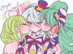  3girls bare_shoulders blonde_hair blush bow braid closed_eyes closed_mouth colored_eyelashes crown_braid drill_hair embarrassed facing_another falulu forehead_jewel frown furrowed_brow girl_sandwich green_eyes green_hair grey_hair hair_between_eyes hat headphones highres idol_clothes kiss kissing_cheek long_hair looking_at_viewer meremero midorikaze_fuwari mini_hat mini_top_hat multiple_girls pretty_series pripara priticket profile reverse_trap sandwiched shikyoin_hibiki short_hair sidelocks striped striped_bow top_hat twin_drills upper_body yuri 