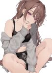  1girl black_shorts black_sports_bra breasts brown_hair collarbone commentary daluto_(hitomi555) feet_out_of_frame grey_sweater half-closed_eyes hand_on_own_chin head_tilt highres knees_apart_feet_together lips long_hair off_shoulder original panties panty_peek parted_lips pink_eyes pink_panties shorts simple_background sitting small_breasts solo sports_bra sweater sweater_vest two_side_up underwear white_background 