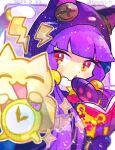  1girl alarm_clock analog_clock animal_hands animal_hood blush book border cat cat_hood clock dated doradorakingyo gloves hood lightning_bolt_symbol open_book open_mouth orange_eyes paw_gloves purple_hair puyopuyo puyopuyo_quest sharl_(puyopuyo) twitter_username white_border 