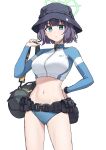  1girl bag belt bikini black_belt black_headwear blue_archive blue_bikini blue_eyes blunt_bangs breasts bucket_hat carrying_over_shoulder cropped_jacket halo hand_on_own_hip hand_up hat highres holding holding_bag jacket large_breasts long_sleeves looking_at_viewer navel official_alternate_costume open_mouth purple_hair purple_z raglan_sleeves rash_guard saki_(blue_archive) saki_(swimsuit)_(blue_archive) short_hair simple_background solo stomach swimsuit utility_belt watch white_background white_jacket wristwatch yellow_halo 