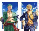  2boys absurdres blonde_hair cigarette closed_eyes commentary_request crossed_arms curly_eyebrows facial_hair formal goatee green_hair hair_over_one_eye highres holding holding_cigarette jewelry katana male_focus multiple_boys necktie oboro_keisuke one_eye_covered one_piece open_mouth roronoa_zoro sanji_(one_piece) scar scar_across_eye scar_on_chest scar_on_face short_hair smile suit sword teeth weapon 