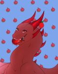 apple apple_dragon barely_visible_wings bodily_fluids cheek_horn dragon female feral food fruit hi_res horn membrane_(anatomy) membranous_wings object_in_mouth plant red_body red_eyes red_horn red_scales saliva scales scalie solo staffkira2891 teeth wings