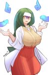  1girl artist_name asekeu breasts channeler_(pokemon) commentary disembodied_penis english_commentary green_eyes green_hair hakama headband highres japanese_clothes large_breasts long_hair long_sleeves open_mouth penis pokemon shaded_face simple_background skirt white_background white_headband yellow_eyes 