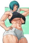  1girl abs blue_eyes blue_hair breasts commission cromwellb hand_on_own_hip highres looking_at_viewer looking_down muscular muscular_female pixiv_commission sei_asagiri shorts signature solo sweat tank_top thick_thighs thighs towel underboob va-11_hall-a wiping_sweat 