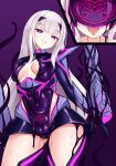  1girl absurdres armor body_markings breasts corruption covered_navel dark_persona fate/grand_order fate_(series) faulds forked_eyebrows gloves highres long_hair looking_at_viewer mask mastersprouts melusine_(fate) mind_control open_mouth pubic_tattoo purple_eyes pussy_juice shiny_clothes sidelocks slime_(substance) small_breasts smile solo tattoo thighs white_hair 