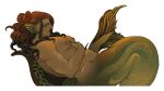 belly brown_hair ear_fins fin green_body green_scales hair humanoid iliothermia long_hair male marine merfolk navel nipples nude pecs scales side_view solo split_form tail tail_fin wavy_hair
