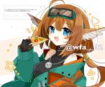  1girl aciddrop_(arknights) ahoge animal_ears arknights artist_name bare_shoulders bird_ears bird_girl black_shirt blue_eyes blush breasts brown_hair commentary_request food goggles goggles_on_head green_jacket hair_between_eyes hair_tubes holding holding_food holding_pizza itsuki_02 jacket jewelry large_breasts long_hair long_sleeves looking_at_viewer low_twintails open_mouth pendant pizza puffy_long_sleeves puffy_sleeves request_inset shirt sleeveless sleeveless_shirt solo twintails twitter_username upper_body 