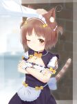  1girl 1other absurdres animal_ear_fluff animal_ears apron azuki_(nekopara) back_bow bi_neko706 black_dress blunt_bangs blurry blurry_background blush border bow breasts brown_eyes brown_hair brown_tail cat_ears cat_girl cat_tail character_name cleavage cleavage_cutout closed_mouth clothing_cutout colored_eyelashes commentary_request cowboy_shot crossed_arms dress frilled_apron frills frown hair_bow headpat heart-shaped_ornament highres looking_down nekopara one_eye_closed puff_of_air puffy_short_sleeves puffy_sleeves short_hair short_sleeves shy small_breasts solo_focus standing striped_tail tail tail_raised two_side_up waist_apron white_apron white_border white_bow yellow_bow 