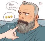  1boy 1girl aaron_gruber_(o_natsuo88) beard beard_stubble blue_shirt emoji english_text facial_hair grey_hair highres long_beard madison_(o_natsuo88) mature_male mustache o_natsuo88 old old_man original out_of_frame receding_hairline scar scar_on_cheek scar_on_face shirt short_hair simple_background speech_bubble thick_beard thick_eyebrows thick_mustache upper_body white_background wrinkled_skin 