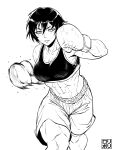  1girl abs absurdres black_hair boxing boxing_gloves boxing_shorts breasts cleavage greyscale highres jamrolypoly looking_at_viewer monochrome muscular muscular_female punching saotome_senshu_hita_kakusu saotome_yae short_hair shorts signature simple_background solo sweat tank_top white_background 
