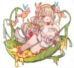  1girl bare_shoulders blush breasts bridal_gauntlets cleavage dress duel_monster flower hair_flower hair_ornament hair_over_one_eye honey large_breasts long_hair looking_at_viewer multicolored_hair nectar open_mouth pink_hair pointy_ears rancha06743732 red_eyes solo traptrix_pinguicula yu-gi-oh! 