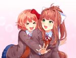  &gt;_&lt; 2girls :d blue_skirt blush bow brown_hair brown_sweater_vest buttons chiimako closed_eyes collared_shirt commentary_request doki_doki_literature_club dress_shirt gradient_background green_eyes grey_jacket hair_between_eyes hair_bow hair_intakes high_ponytail hug jacket lapels long_hair long_sleeves looking_at_another looking_back monika_(doki_doki_literature_club) multiple_girls neck_ribbon open_clothes open_jacket open_mouth outstretched_arms pink_background pink_hair pleated_skirt polka_dot polka_dot_background ponytail raised_eyebrows red_bow red_ribbon ribbon sayori_(doki_doki_literature_club) school_uniform shirt short_hair sidelocks simple_background skirt smile sweater_vest teeth upper_teeth_only very_long_hair white_background white_bow white_shirt wing_collar 