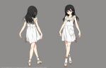  1girl absurdres aged_down arms_at_sides black_hair child closed_mouth collarbone commentary_request concept_art dress final_fantasy final_fantasy_vii final_fantasy_vii_remake frilled_dress frills from_behind full_body grey_background highres long_hair looking_at_viewer multiple_views official_art open_hands red_eyes roberto_ferrari sandals smile socks square_enix standing tifa_lockhart white_dress white_socks 