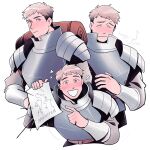  1boy :d armor belt blonde_hair blush bracer breastplate brown_belt chimera drawing_(object) dungeon_meshi english_text excited frown laios_thorden muisketeer pauldrons plate_armor pointing shoulder_armor sleeping_bag smile sweat upper_body white_background yellow_eyes 