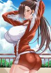  1girl absurdres arms_behind_head ass ass_peek bloomers blue_sky blush breasts brown_eyes brown_hair cloud commission fence fire_emblem fire_emblem_fates gym_shorts gym_uniform hair_over_one_eye highres jacket kagero_(fire_emblem) large_breasts long_hair looking_at_viewer mature_female outdoors ponytail railing red_bloomers rynn_(darknescorez) shirt shorts sky solo sportswear steaming_body sweat track_jacket tree undersized_clothes white_shirt 
