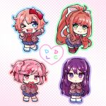  &gt;_o 4girls :o ;d arm_up arms_behind_back black_thighhighs blue_outline blue_skirt blush bow brown_hair brown_sweater_vest chibi chiimako closed_mouth collared_shirt commentary_request doki_doki_literature_club dress_shirt fang green_eyes green_outline grey_jacket hair_between_eyes hair_bow hair_intakes hair_ornament hair_ribbon halftone halftone_background hand_up hands_on_own_hips hands_up heart high_ponytail jacket lapels leaning_forward leg_up long_hair long_sleeves looking_at_viewer monika_(doki_doki_literature_club) multiple_girls natsuki_(doki_doki_literature_club) neck_ribbon one_eye_closed open_clothes open_jacket open_mouth outline pink_background pink_eyes pink_hair pink_outline pleated_skirt ponytail purple_eyes purple_hair purple_outline red_bow red_ribbon ribbon sayori_(doki_doki_literature_club) school_uniform shirt short_hair sidelocks simple_background skirt smile socks split_mouth sweater_vest swept_bangs teeth thighhighs two_side_up upper_teeth_only v-shaped_eyebrows very_long_hair white_background white_bow white_shirt white_socks x_hair_ornament yuri_(doki_doki_literature_club) 