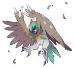  animal_focus bird closed_mouth commentary_request decidueye falling_feathers feather_fingers flying full_body green_eyes no_humans orange_pupils owl pokemon pokemon_(creature) polka_dot simple_background solo talons tetori white_background winged_arms wings 