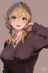  1girl alternate_costume artist_name black_shirt blonde_hair green_eyes grey_background haruto_(harut_n) jewelry kantai_collection long_hair looking_at_viewer necklace one-hour_drawing_challenge open_mouth prinz_eugen_(kancolle) shirt solo teeth twintails upper_teeth_only 