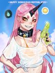  1girl absurdres bikini bikini_under_clothes black_crowser breasts clothes crop_top demon fangs festival highres horns large_breasts midriff navel orange_bikini original pink_hair ringed_eyes shirt solo songkran stomach sun swimsuit teeth wet white_shirt yellow_eyes 