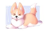 &gt;_&lt; ambiguous_gender canid canine canis domestic_dog eyes_closed female feral fur happy herding_dog hi_res lying mammal misha_prelares_(corgi) on_front pastoral_dog prelares solo welsh_corgi white_body white_fur yellow_body yellow_fur