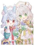  2girls :o :p animal_ears apron aqua_bow aqua_dress blue_hair blush border bow bowtie brooch closed_mouth commentary_request cosplay cup dress drink drinking_straw eyelashes genshin_impact gloves green_bow green_dress green_eyes green_hair grey_hair hair_between_eyes hair_intakes hair_ornament hand_on_own_cheek hand_on_own_face hand_up hat heart highres holding holding_cup holding_drink jewelry long_hair long_sleeves looking_at_viewer low_twintails medium_hair mugi062 multicolored_hair multiple_girls nahida_(genshin_impact) nurse_cap open_mouth pink_bow pom_pom_(clothes) pom_pom_hair_ornament puffy_long_sleeves puffy_sleeves red_bow red_bowtie red_eyes sidelocks sigewinne_(genshin_impact) sigewinne_(genshin_impact)_(cosplay) simple_background sleeve_cuffs smile tongue tongue_out twintails white_apron white_background white_border white_gloves white_headwear yellow_bow yellow_bowtie 