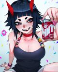  1girl 2023 absurdres black_crowser black_eyes black_hair black_tank_top breasts can demon_horns fangs grey_shorts happy_new_year highres holding holding_can horns medium_breasts original short_hair shorts smile solo tank_top teeth 