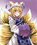  1girl animal_ears blonde_hair blue_tabard dress fox_ears fox_tail hands_in_opposite_sleeves hat highres long_sleeves looking_at_viewer mob_cap multiple_tails ofuda ofuda_on_clothes simple_background soara_(gun0677) solo tabard tail touhou white_dress white_headwear wide_sleeves yakumo_ran yellow_eyes 
