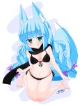  1girl :p animal_ear_fluff animal_ears bare_arms bare_legs bare_shoulders barefoot bikini black_bikini black_scarf blue_eyes blue_hair blush bow breasts commentary_request fox_ears front-tie_bikini_top front-tie_top full_body groin hair_bow highres kanijiru long_hair looking_at_viewer medium_breasts navel original purple_background purple_bow scarf side-tie_bikini_bottom sitting solo swimsuit tongue tongue_out two-tone_background very_long_hair wariza white_background 