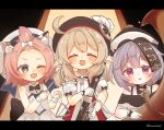  3girls :o ;d ^_^ ahoge animal_ear_fluff animal_ears artist_name back_bow bangs_pinned_back bare_shoulders bassoon beamed_eighth_notes beret black_bow black_bowtie black_headwear blonde_hair blue_ribbon blush bow bowtie bright_pupils cat_ears cleavage_cutout closed_eyes clothing_cutout commentary_request detached_sleeves diona_(genshin_concert)_(genshin_impact) diona_(genshin_impact) dress eighth_note eyelashes fang forehead frilled_sleeves frills genshin_impact gloves green_eyes hair_between_eyes hair_bow hands_up hat hat_feather hat_ornament hat_ribbon highres holding holding_instrument instrument klee_(genshin_concert)_(genshin_impact) klee_(genshin_impact) letterboxed long_hair looking_at_viewer low_twintails mandarin_collar mochida multiple_girls musical_note official_alternate_costume one_eye_closed open_mouth pink_hair pointy_ears puffy_detached_sleeves puffy_short_sleeves puffy_sleeves purple_eyes purple_hair qingdai_guanmao qiqi_(genshin_impact) quarter_note ribbon sailor_hat shirt short_hair short_sleeves sidelocks skin_fang sleeveless sleeveless_shirt smile sparkle spotlight staff_(music) treble_clef triangle_(instrument) tuba twintails twitter_username two-tone_bowtie two-tone_headwear white_bow white_bowtie white_dress white_gloves white_headwear white_pupils 