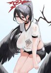  1girl absurdres black_hair black_shorts black_wings blue_archive blush branch breasts choker collarbone feathered_wings gym_uniform hair_between_eyes halo hasumi_(blue_archive) hasumi_(track)_(blue_archive) high_ponytail highres huge_breasts long_hair looking_at_viewer mole mole_under_eye noir_(4chan) official_alternate_costume red_eyes shirt short_shorts short_sleeves shorts solo sweaty_clothes thighs very_long_hair white_shirt wings 