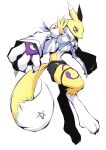 ambiguous_gender anthro armwear bandai_namco black_sclera chest_tuft clothed clothing digimon digimon_(species) dipstick_ears fur hi_res multicolored_ears renamon simple_background solo tuft white_background yellow_body yellow_fur