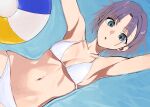  1girl :o absurdres alternate_costume armpits asakura_toru ball beachball bikini breasts cleavage collarbone garuku1120 highres idolmaster idolmaster_shiny_colors looking_at_viewer lying lying_on_water medium_breasts navel on_back purple_hair short_hair solo stomach string_bikini swimsuit white_bikini 