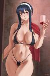  1girl absurdres alcohol artist_name bikini black_bikini black_hair breasts closed_mouth collarbone cup drinking_glass earrings female_pubic_hair fingernails groin hair_between_eyes hairband hand_up highleg highleg_bikini highres holding holding_cup jewelry large_breasts light_blush long_fingernails looking_at_viewer micro_bikini multiple_rings navel pubic_hair pubic_hair_peek red_eyes ring short_hair_with_long_locks sidelocks single_bare_shoulder skindentation smile solo spy_x_family stomach string_bikini swimsuit ultrabinou white_hairband wine wine_glass yor_briar 