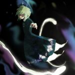  1girl blurry blurry_background commentary_request dress flat_chest ghost_tail green_dress green_eyes kaigen_1025 long_sleeves no_headwear no_mouth ofuda ofuda_on_clothes reaching reaching_towards_viewer shaded_face short_hair soga_no_tojiko solo touhou 